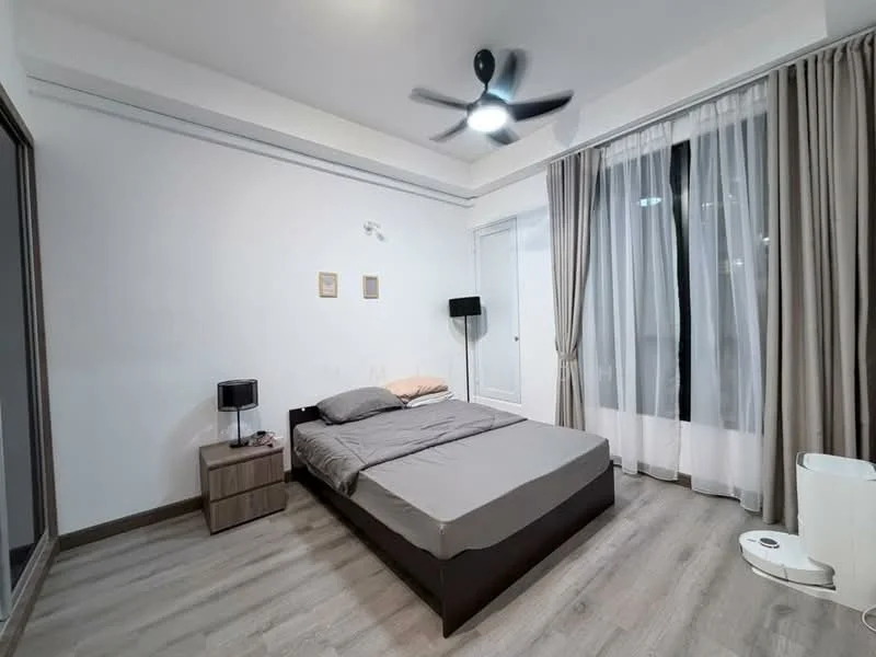 Bedroom features: queen-size bed with grey bedding, 2 bedside tables, table lamp, floor-to-ceiling windows, sheer curtains, blackout curtains, 5-blade ceiling fan with light, wooden flooring, decorative wall art, built-in wardrobe with mirror; style: modern.