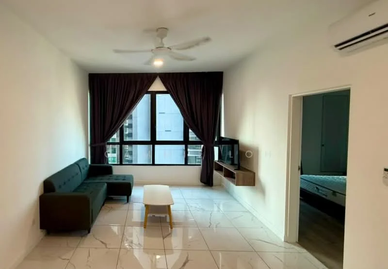 Living features: 3-seater fabric sofa in dark green, coffee table with wooden legs, floor-to-ceiling windows, sheer curtains, ceiling fan, wall-mounted TV, TV console, marble tile flooring, white painted walls; style: modern; view: city.