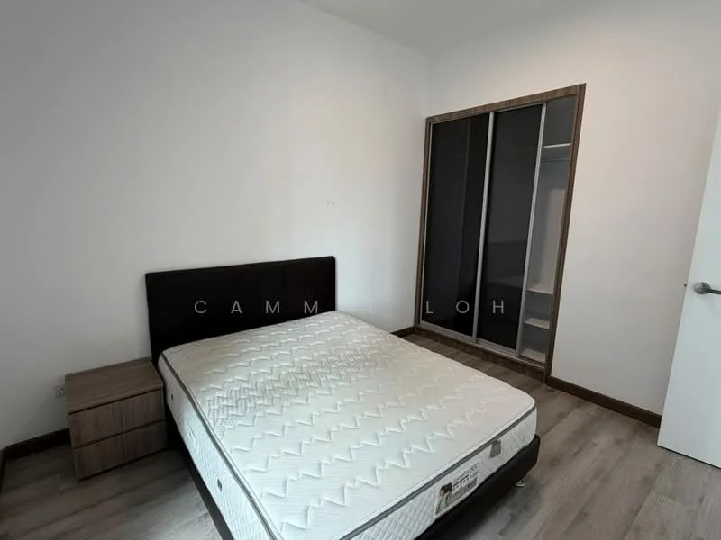 Bedroom features: queen-size bed, upholstered headboard, nightstand, built-in wardrobe with sliding doors, laminate flooring, white painted walls, window with natural light, minimalist decor; style: modern.
