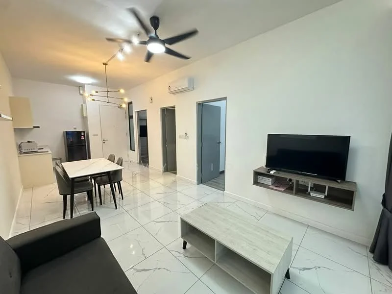 Living features: grey fabric sofa, coffee table, wall-mounted TV, TV console, 6-seater dining table, black dining chairs, recessed LED downlights, ceiling fan, white painted walls, marble tile flooring, air conditioning unit; style: modern.