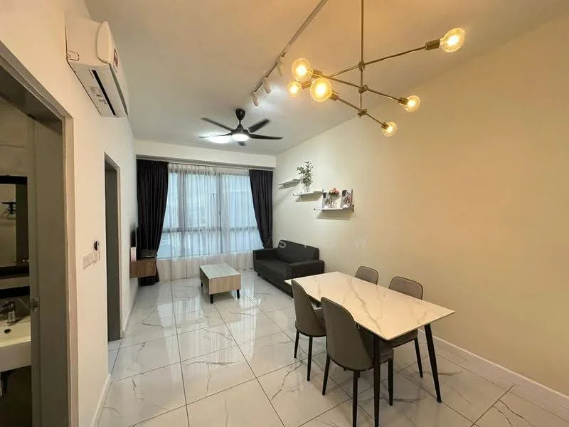 Living features: white painted walls, marble tile flooring, 5-blade ceiling fan with light, sofa in grey fabric, coffee table, 6-seater dining table with white marble top, upholstered dining chairs in grey, floor-to-ceiling windows with sheer curtains, wall-mounted shelves, recessed lighting; style: modern.