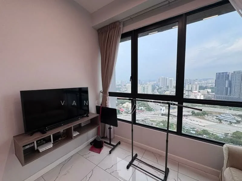 Living features: floor-to-ceiling windows, city view, white painted walls, marble tile flooring, wall-mounted TV, TV console, curtains, decorative stand, open shelving; style: modern; view: city.