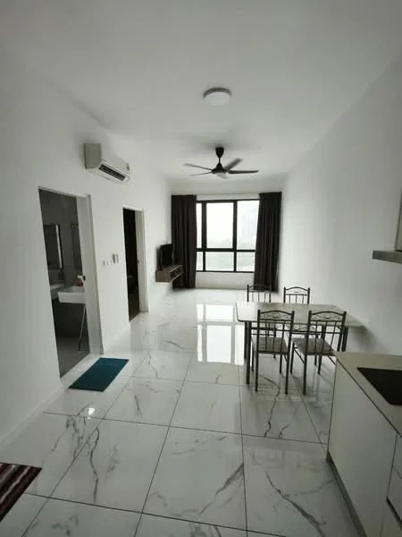 Living features: marble tile flooring, white painted walls, 5-blade ceiling fan with light, floor-to-ceiling windows, dark curtains, TV console, wall-mounted TV, dining table with four chairs, air conditioning unit; style: modern; view: city. Room features: open layout, access to bathroom, doorway to bedroom.