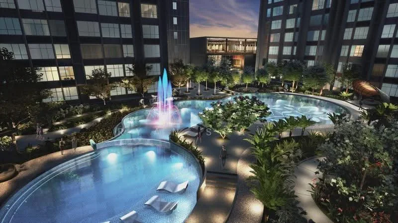 Exterior type: high-rise condominium; features: infinity pool, water fountain with colored lights, pool deck with loungers, landscaped garden with tropical plants, surrounding greenery, modern architecture, evening lighting, seating areas, walkways, decorative sculptures; style: modern.