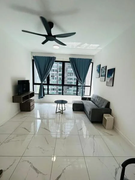 Living features: grey fabric sofa, round coffee table, wall-mounted TV, TV console, floor-to-ceiling windows, blue curtains, white painted walls, marble tile flooring, ceiling fan with light, decorative artwork on walls; style: modern; view: city.
