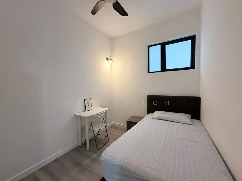 Bedroom features: single bed with grey bedding, wooden bed frame, study desk with white finish, metal folding chair, nightstand with drawer, wall-mounted light fixture, window with black frame, light grey laminate flooring, white painted walls, ceiling fan; style: modern.
