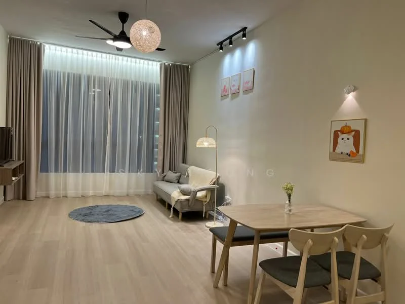 Living features: light wood flooring, white painted walls, floor-to-ceiling windows, sheer curtains, 3-blade ceiling fan, pendant light, sofa in light fabric, round area rug, wooden dining table, 4 dining chairs, decorative wall art, table lamp, small vase with flowers; style: modern; view: city.