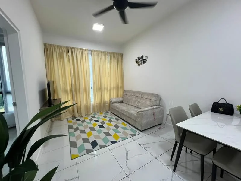 Living features: 3-seater fabric sofa in light grey, coffee table with white surface, TV console mounted on wall, wall-mounted TV, area rug with geometric pattern, floor-to-ceiling windows with sheer curtains, ceiling fan with light, white painted walls, marble tile flooring, decorative wall art; style: modern. Dining features: 6-seater dining table with white surface, 4 upholstered dining chairs in grey, decorative plant in corner; style: modern.
