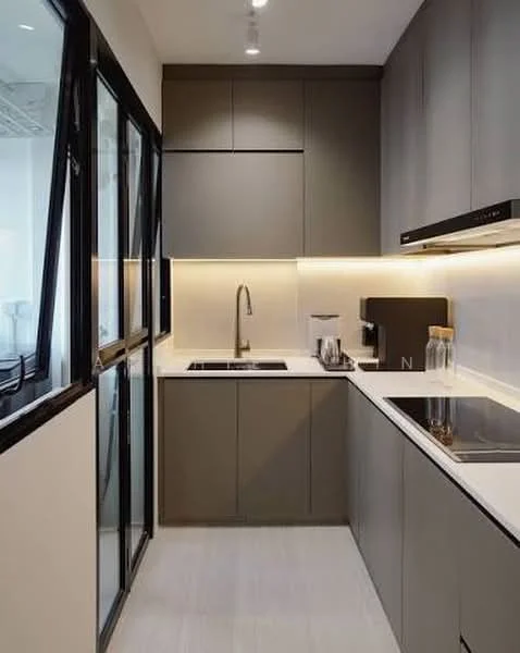 Kitchen features: grey cabinetry, white quartz countertop, single-bowl stainless-steel sink, chrome pull-down faucet, built-in oven, stainless-steel range hood, ceramic tile flooring, recessed LED downlights, glass sliding door, black framed windows, kettle, water bottles; style: modern.