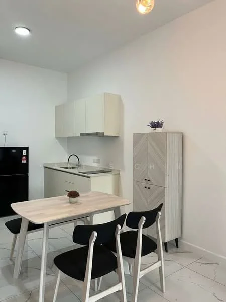 Kitchen features: white cabinetry, single-bowl stainless-steel sink, chrome pull-down faucet, white countertop, black refrigerator, 4-seater dining table, black upholstered dining chairs, tile flooring, white painted walls, recessed ceiling lights; style: modern.