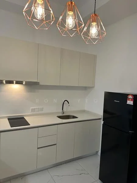 Kitchen features: light grey cabinetry, white countertop, single-bowl stainless-steel sink, chrome pull-down faucet, built-in cooktop, black refrigerator, pendant lighting with geometric design, marble tile flooring, wall-mounted range hood; style: modern.