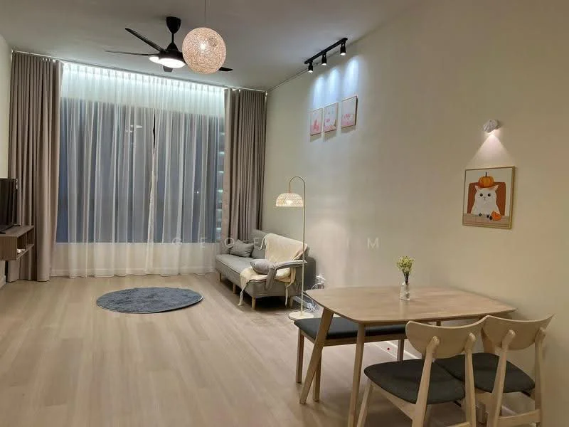 Living features: light wood flooring, white painted walls, floor-to-ceiling windows with sheer curtains, 3-blade ceiling fan, pendant light fixture, sofa in light fabric, round area rug, wooden dining table, 4 wooden dining chairs, decorative wall art, table lamp, small flower vase; style: modern; view: city.