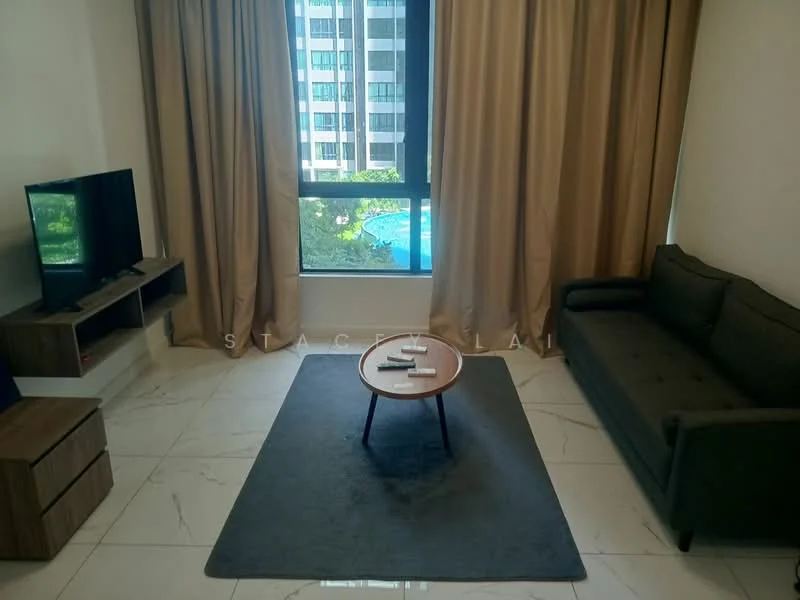 Living features: grey fabric sofa, wooden coffee table, TV console, wall-mounted TV, marble tile flooring, floor-to-ceiling windows, sheer curtains, area rug with geometric pattern; style: modern; view: pool.