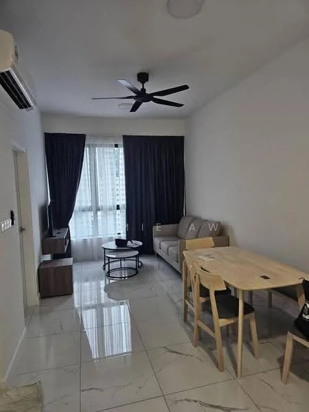 Living features: marble tile flooring, white painted walls, 5-blade ceiling fan, floor-to-ceiling windows, blackout curtains, light grey fabric sofa, coffee table with metal frame, TV console, dining table with 4 wooden chairs; style: modern; view: city.