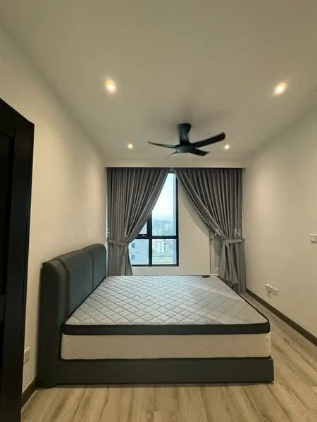 Bedroom features: queen-size bed, upholstered headboard, grey curtains, floor-to-ceiling window, 5-blade ceiling fan with light, laminate flooring, white painted walls, recessed downlights; style: modern; view: city.