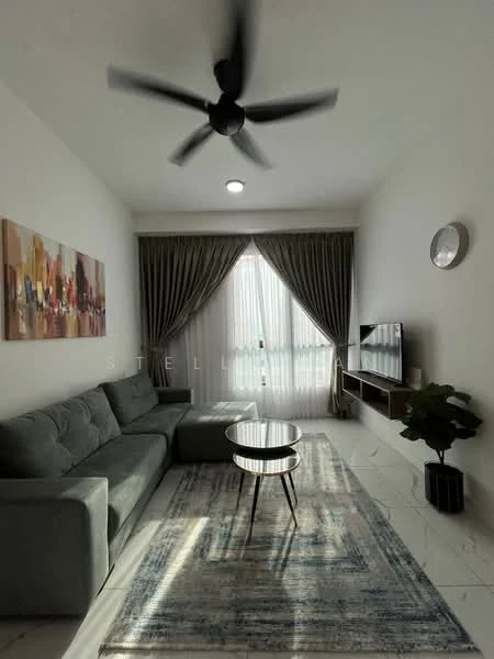 Living features: 3-seater fabric sofa in grey, round coffee table with wooden top, area rug with abstract pattern, wall-mounted TV, TV console, floor-to-ceiling windows, sheer curtains, dark green potted plant, ceiling fan with light, recessed downlights, white painted walls, tile flooring; style: modern.