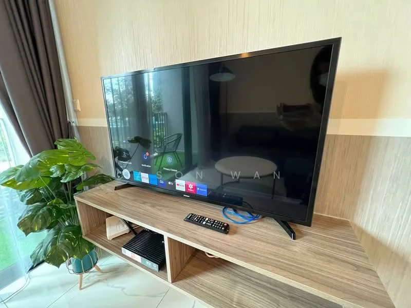 Living features: large flat-screen TV, wooden TV console, remote control, green indoor plant, curtains, light-colored wall, marble tile flooring, glass sliding door; style: modern; view: garden.