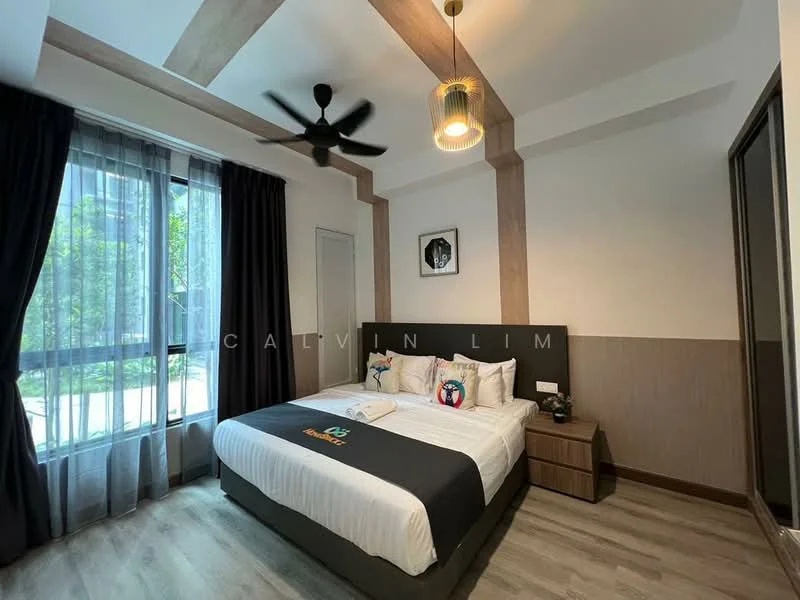 Bedroom features: king-size bed, upholstered headboard, bedside table, ceiling fan with light, floor-to-ceiling windows, sheer curtains, dark curtains, wooden flooring, decorative wall art, recessed ceiling with beams; style: modern; view: garden.