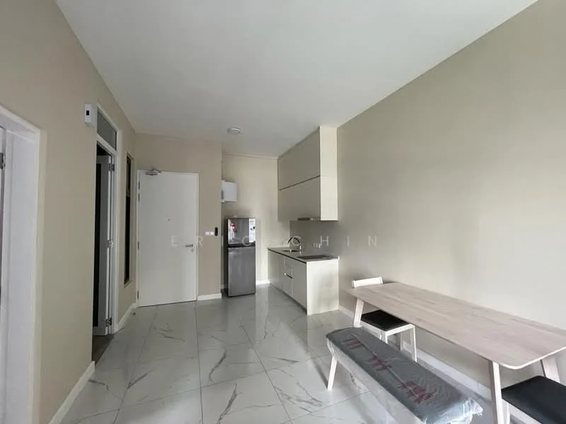 Kitchen features: white cabinetry, stainless-steel fridge, built-in oven, ceramic tile flooring, grey countertop, single-bowl stainless-steel sink, chrome pull-down faucet, open shelving, dining table with benches, wall-mounted cabinets, neutral wall color, recessed downlights; style: modern.