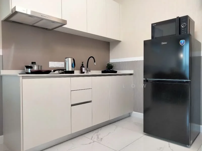 Kitchen features: white cabinetry, black countertop, stainless-steel sink, chrome pull-down faucet, built-in oven, microwave, black fridge, stainless-steel kettle, non-stick frying pan, wall-mounted range hood, tile backsplash, marble tile flooring; style: modern.