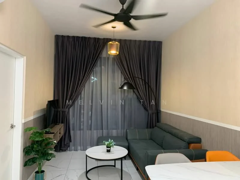 Living features: 3-seater fabric sofa in dark green, round coffee table with white top, TV console, wall-mounted TV, 5-blade ceiling fan with light, floor-to-ceiling windows with sheer curtains, dark grey curtains, decorative floor lamp, indoor plant in ceramic pot, light-colored walls with textured finish, marble tile flooring; style: modern.