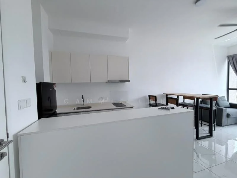 Kitchen features: white cabinetry, stainless-steel sink, chrome pull-down faucet, white countertop, built-in stove, refrigerator, tile backsplash, open shelving, pendant lighting, white tiled flooring; style: modern. Living features: dining table with chairs, sofa, floor-to-ceiling windows, grey curtains, recessed lighting, white walls, polished tile flooring; style: modern.