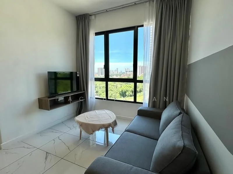 Living features: grey fabric sofa, coffee table with white cloth, wall-mounted TV, floor-to-ceiling windows, curtains, marble tile flooring, white painted walls, city view; style: modern; view: city.