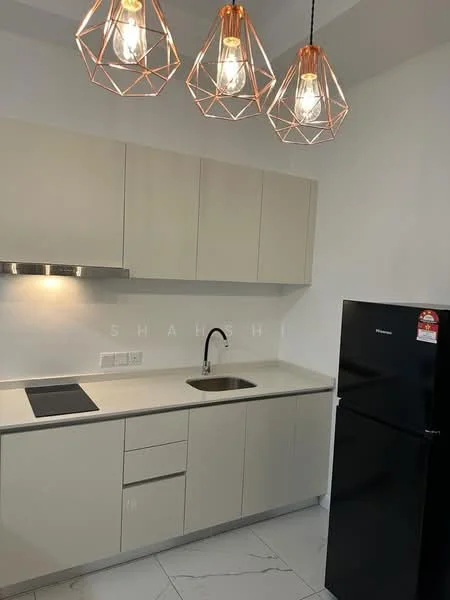 Kitchen features: light beige cabinetry, white countertop, black refrigerator, single-bowl stainless-steel sink, chrome pull-down faucet, built-in cooktop, 3 pendant lights with geometric design, marble tile flooring, white painted walls, wall-mounted range hood; style: modern.