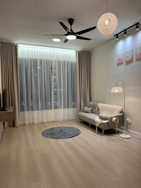 Living features: light wood flooring, white painted walls, ceiling fan with light, recessed downlights, floor-to-ceiling windows, sheer curtains, sofa in light color, area rug in grey, decorative floor lamp, wall-mounted TV, framed artwork on walls; style: modern.