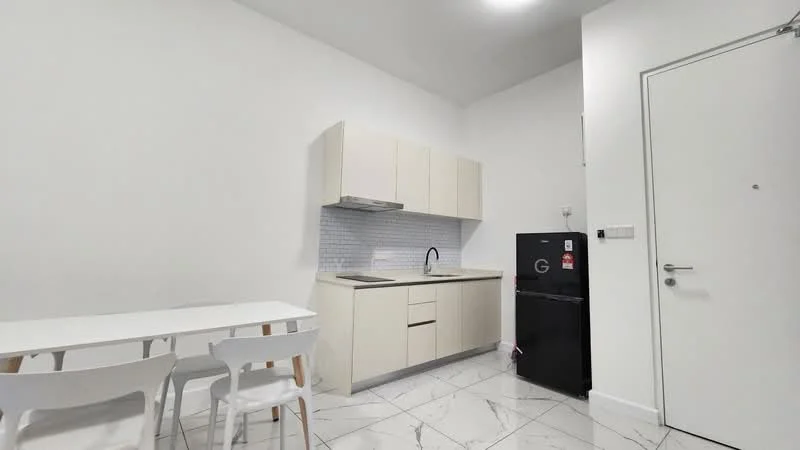 Kitchen features: white cabinetry, single-bowl stainless-steel sink, chrome pull-down faucet, white tiled backsplash, built-in oven, stainless-steel range hood, fridge, marble tile flooring, white walls, recessed downlights, dining table with 4 white chairs; style: modern.