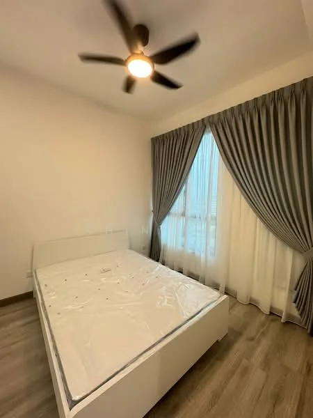 Bedroom features: queen-size bed, 5-blade ceiling fan with light, floor-to-ceiling windows, sheer curtains, blackout curtains, light wood flooring, white painted walls, decorative wall molding; style: modern.