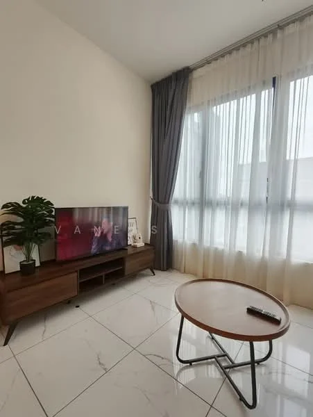 Living features: white painted walls, marble tile flooring, floor-to-ceiling windows, sheer curtains, grey curtains, wooden TV console, wall-mounted TV, round wooden coffee table, decorative plant, remote control on coffee table; style: modern.