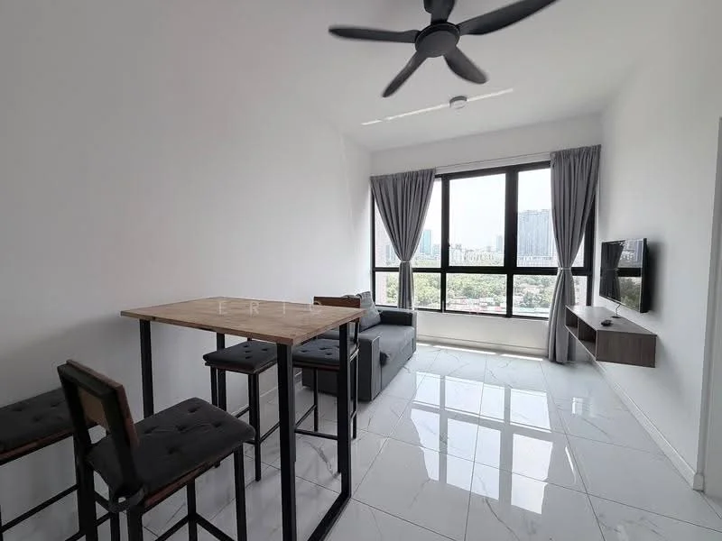 Living features: floor-to-ceiling windows, grey fabric sofa, wooden coffee table, black bar stools, white walls, white tiled flooring, ceiling fan with light, TV mounted on wall, curtains, decorative wall shelf; style: modern; view: city.