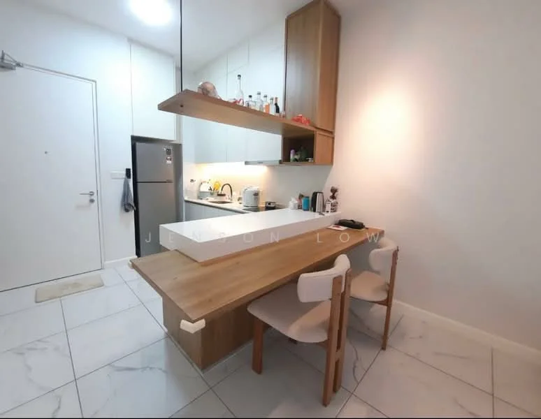 Kitchen features: white cabinets, wooden countertop, stainless-steel fridge, built-in oven, ceramic cooktop, single-bowl stainless-steel sink, chrome pull-down faucet, white tiled backsplash, pendant light above countertop, marble tile flooring, two dining chairs, open shelving, kitchen island with seating; style: modern.