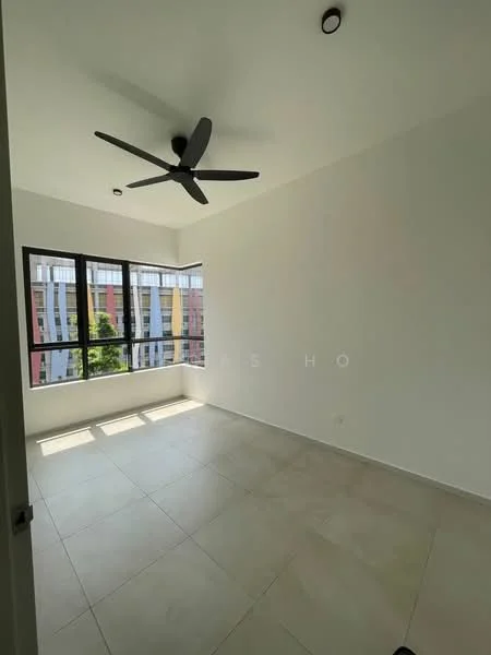Room features: white painted walls, tile flooring, 5-blade ceiling fan, floor-to-ceiling windows, natural light from windows, view of greenery outside; view: garden.