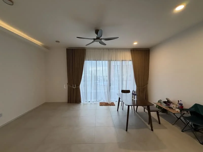 Living features: white painted walls, tile flooring, 5-blade ceiling fan, floor-to-ceiling windows, sheer curtains, dark wood dining table, wooden dining chairs, green folding table, decorative rug, natural light from windows; style: modern; view: city.