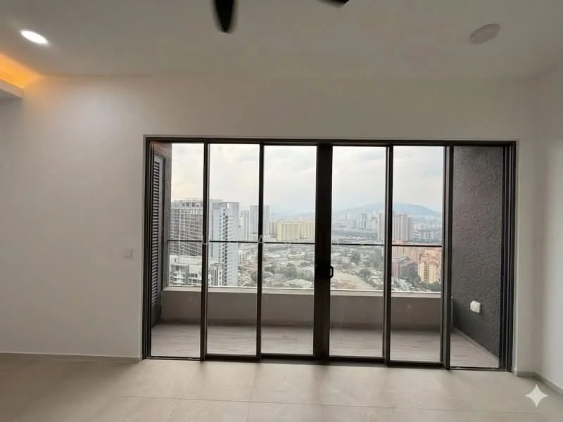 Room features: floor-to-ceiling windows, sliding glass door, grey tiled flooring, white painted walls, recessed ceiling lights, ceiling fan, balcony view, city skyline view; style: modern; view: city.