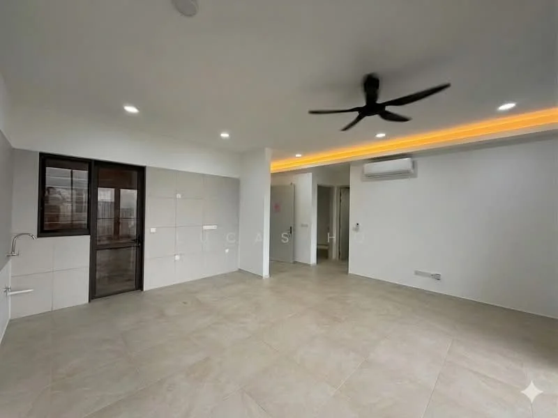 Living features: light grey tiled flooring, white painted walls, recessed downlights, 5-blade ceiling fan, sliding glass door, air conditioning unit, wall-mounted LED strip lighting, corner windows, open layout; style: modern.