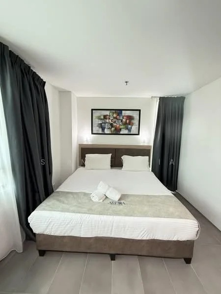 Bedroom features: king-size bed, upholstered headboard, two white pillows, decorative artwork on wall, floor-to-ceiling windows, grey curtains, light grey tiled flooring, white painted walls; style: modern.