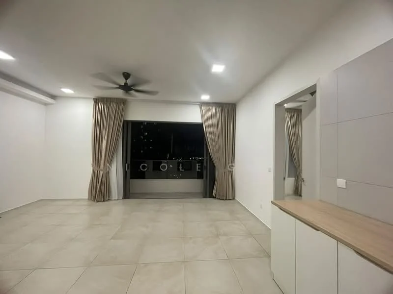 Living features: large floor-to-ceiling windows, sliding glass door, beige tiled flooring, white painted walls, 5-blade ceiling fan, curtains in light beige, open layout, wall-mounted cabinetry with wood countertop; style: modern; view: city.
