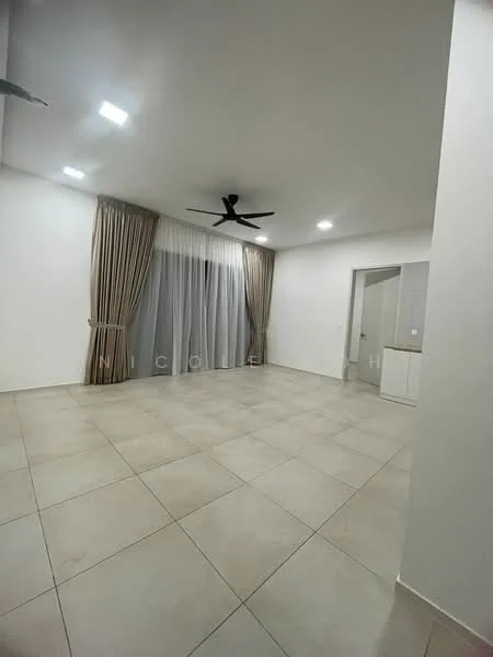 Living features: white painted walls, tile flooring, 5-blade ceiling fan with light, floor-to-ceiling windows with sheer curtains, curtains in beige, recessed LED downlights; style: modern.