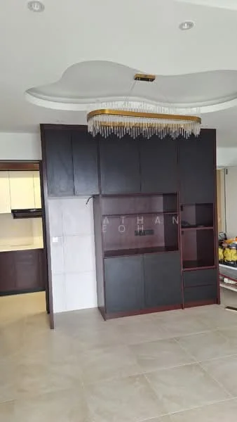 Living features: cream tiled flooring, dark wood cabinetry, built-in shelving unit, chandelier light fixture, recessed ceiling with decorative molding, open layout to kitchen, neutral wall color, large windows for natural light; style: modern.