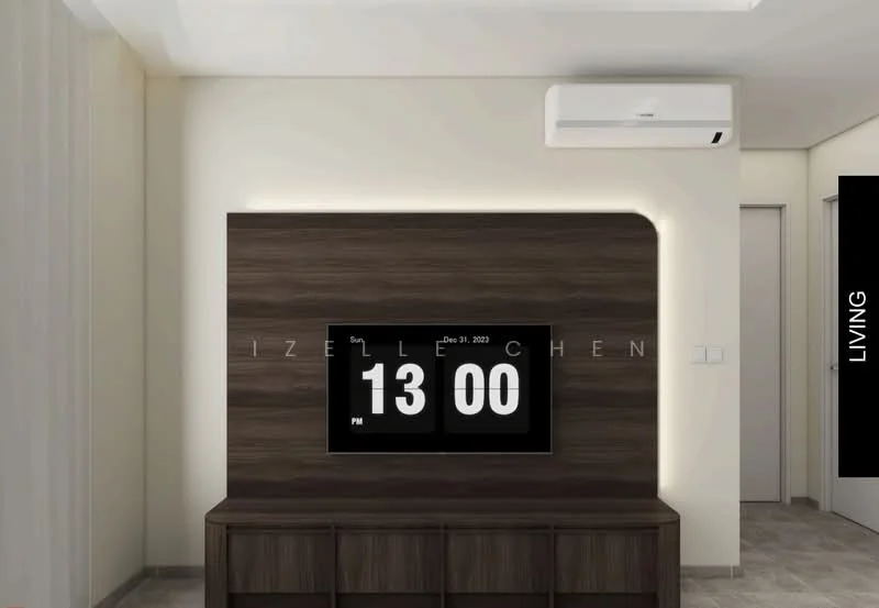 Living features: wall-mounted TV, wooden TV console, 1 wall-mounted split AC, light-colored painted walls, grey tile flooring, recessed lighting, decorative wall panel with backlighting, neutral color scheme; style: modern.
