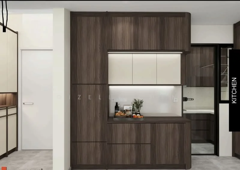 Kitchen features: dark wood cabinetry, light cream upper cabinets, integrated countertop, built-in oven, stainless-steel sink, chrome faucet, recessed lighting, open shelving, decorative fruit bowl, neutral wall color, tile backsplash; style: modern.