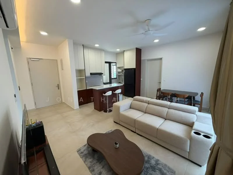 Living features: 3-seater fabric sofa in light beige, coffee table with curved design, wall-mounted TV, TV console, ceiling fan, recessed downlights, cream painted walls, tile flooring, open-plan layout to kitchen and dining area; style: modern. Kitchen features: kitchen island with seating, white cabinetry, black refrigerator, built-in oven, stainless-steel sink, chrome pull-down faucet, ceramic tile backsplash, open shelving, countertop with space for appliances; style: modern. Dining features: 4-seater dining table, wooden dining chairs, natural light from window, adjacent to kitchen; style: modern.