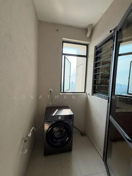 Laundry features: washing machine, single window, grey tiled flooring, light beige painted walls, plumbing connection, electric outlet; view: city.