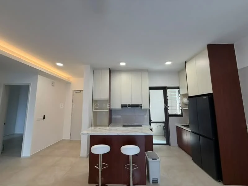 Kitchen features: white shaker cabinets, dark wood cabinetry, marble countertop, stainless-steel sink, chrome pull-down faucet, built-in oven, freestanding range oven, black refrigerator, tile backsplash, recessed downlights, 2 bar stools, open layout, neutral tile flooring; style: modern.