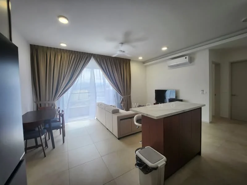 Living features: floor-to-ceiling windows, sheer curtains, 3-seater fabric sofa in beige, coffee table, wall-mounted TV, TV console, dining table for 4, ceiling fan, recessed downlights, light-colored tiled flooring, air conditioning unit, decorative wall panel, open kitchen layout; style: modern; view: city.