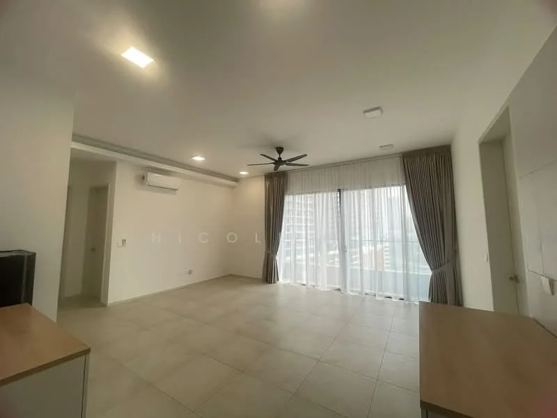 Living features: light-colored painted walls, tile flooring, 5-blade ceiling fan with light, floor-to-ceiling windows, sheer curtains, recessed downlights, air conditioning unit, wooden sideboard; style: modern; view: city.