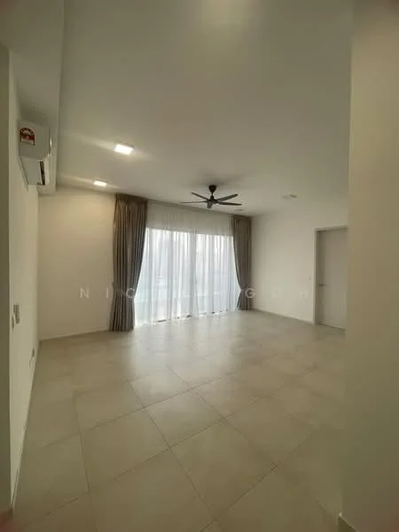 Living features: light-colored tiled flooring, white painted walls, 5-blade ceiling fan with light, floor-to-ceiling windows, sheer curtains, wall-mounted split AC, recessed downlights, neutral color scheme; style: modern.